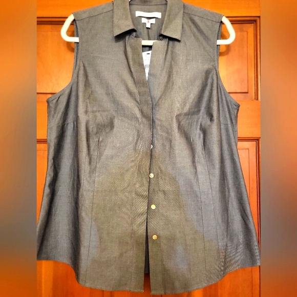 NWT FOXCROFT HIDDEN BUTTON FRONT CAREER SUMMER OFFICE  NON IRON GREY TOP SIZE 14 - Picture 1 of 6